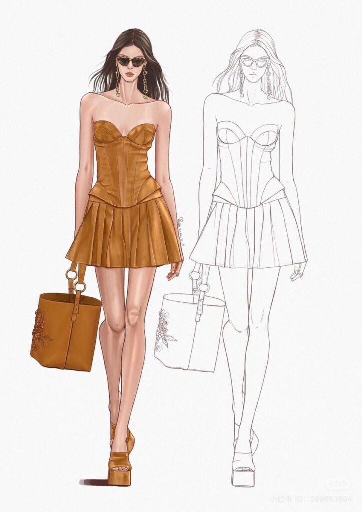 Fashion illustration of a model in a brown strapless dress with matching bag and shoes, accompanied by outline sketch.