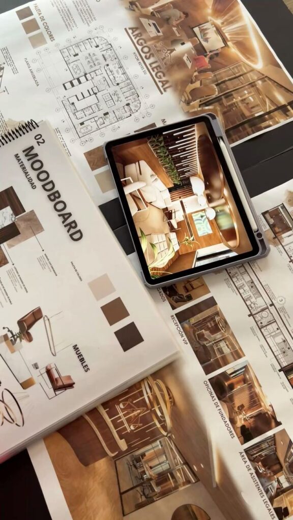 Interior design mood board with floor plan and digital rendering on a tablet.