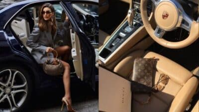 Stylish woman exits luxury car. Designer handbag and sunglasses on tan leather seat, showcasing elegance and fashion.