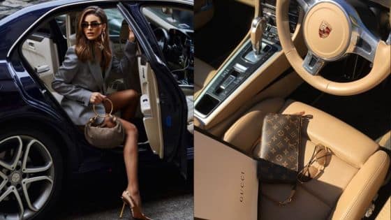 car gadgets accessories Stylish woman exits luxury car. Designer handbag and sunglasses on tan leather seat, showcasing elegance and fashion. | Sky Rye Design Stylish woman exits luxury car. Designer handbag and sunglasses on tan leather seat, showcasing elegance and fashion.