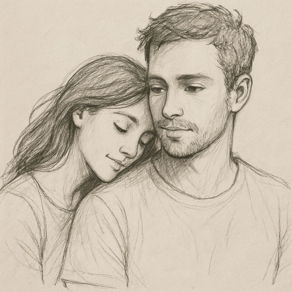 Illustration of a peaceful couple, woman resting on man's shoulder, both with gentle expressions, in pencil sketch style.