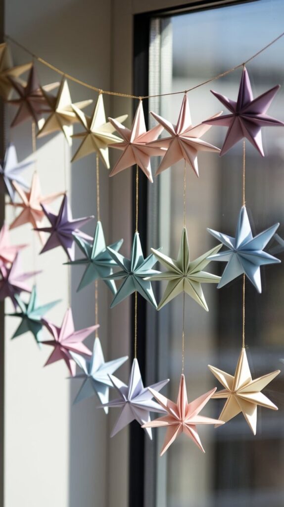Colorful origami stars hang decoratively by a window, creating a festive and cheerful atmosphere.