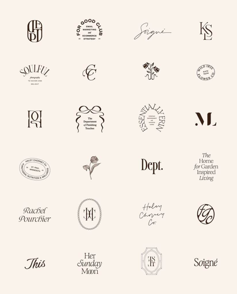 Collection of vintage-inspired logo designs showcasing elegant typography and floral motifs on a soft beige background.