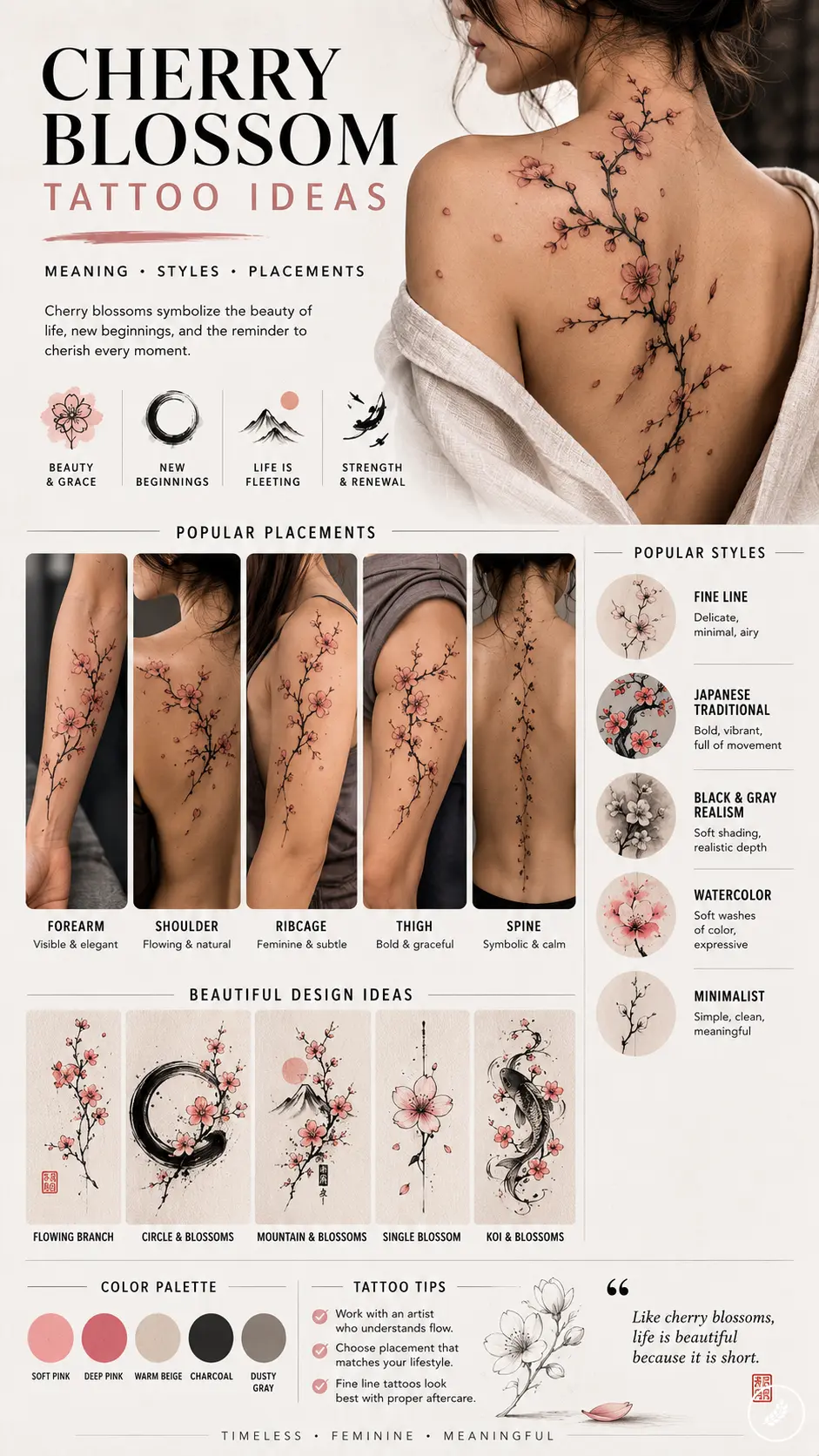 Cherry blossom tattoo infographic: meanings, styles, popular placements and design examples.