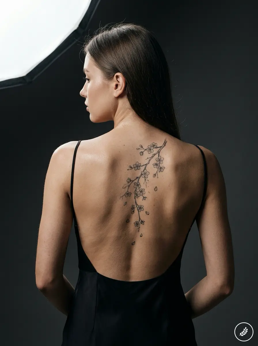 Woman back tattoo studio portrait: delicate cherry blossom along spine, low-back black dress
