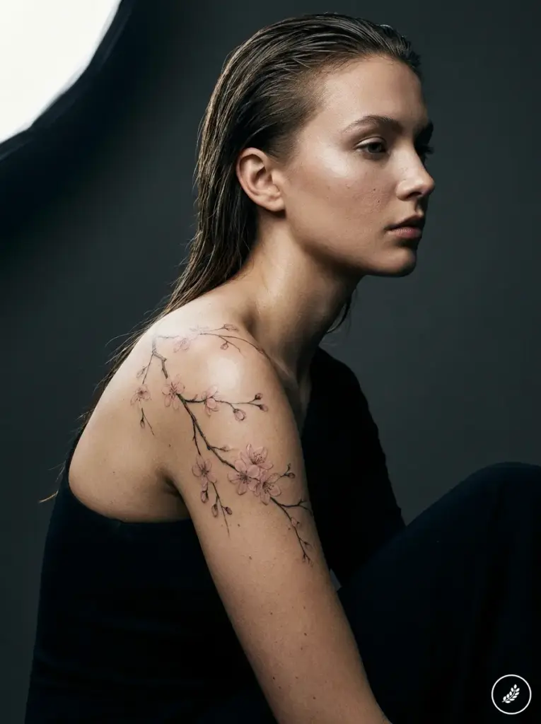 Studio portrait of woman with cherry blossom shoulder tattoo, delicate pink floral ink, wearing a black top