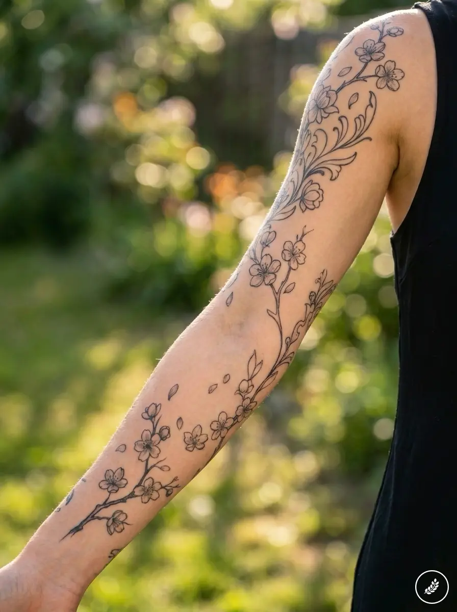 Black ink cherry blossom floral forearm tattoo in delicate linework on arm against blurred green background