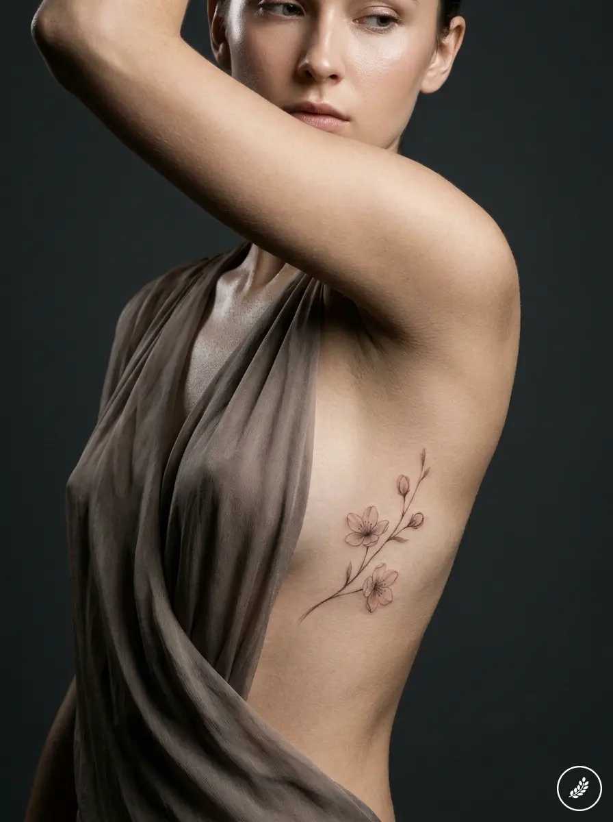 Fine-line cherry blossom rib tattoo on woman's side torso, delicate minimalist floral branch body art