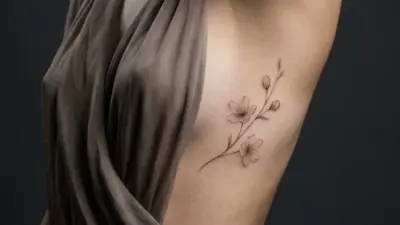 Minimalist pink cherry blossom branch tattoo on woman's rib/side, delicate floral design