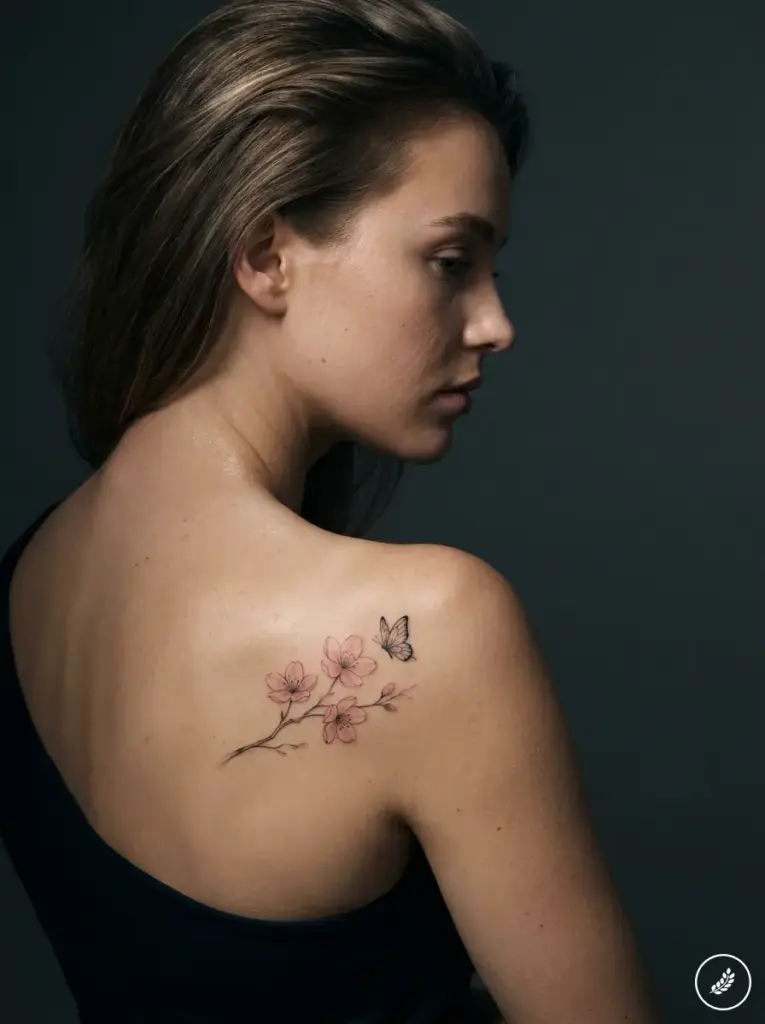 Woman's shoulder tattoo of delicate pink cherry blossom branch with a small butterfly, minimal watercolor style