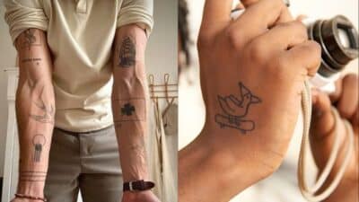 Minimalist tattoos on forearms and a hand featuring birds, geometric shapes, and a duck on a skateboard.