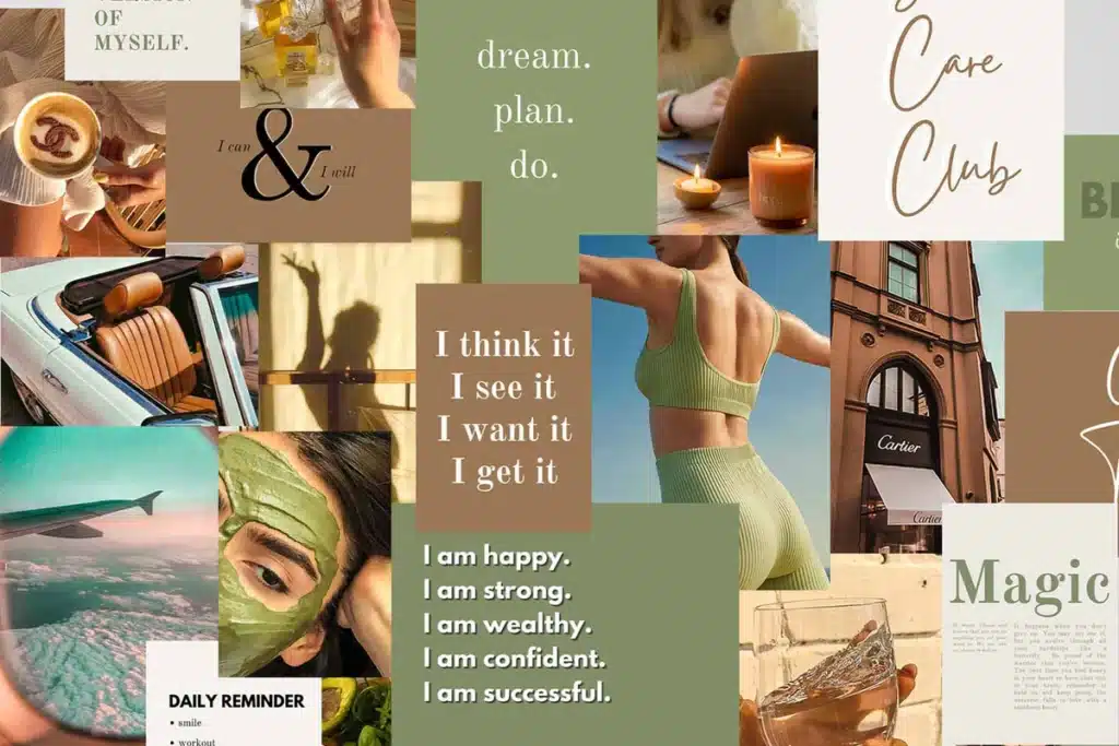 Collage with motivational quotes, travel, luxury, fitness, and wellness themes in green and brown tones.