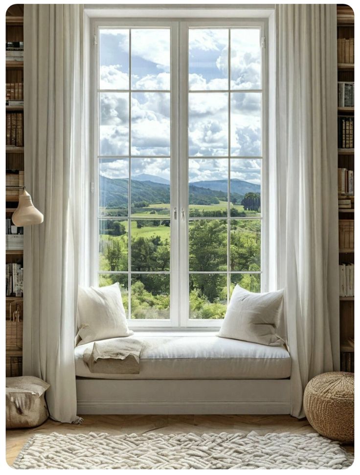 Cozy window seat with cushions offers a scenic view of lush green landscape and cloudy sky through a large window.