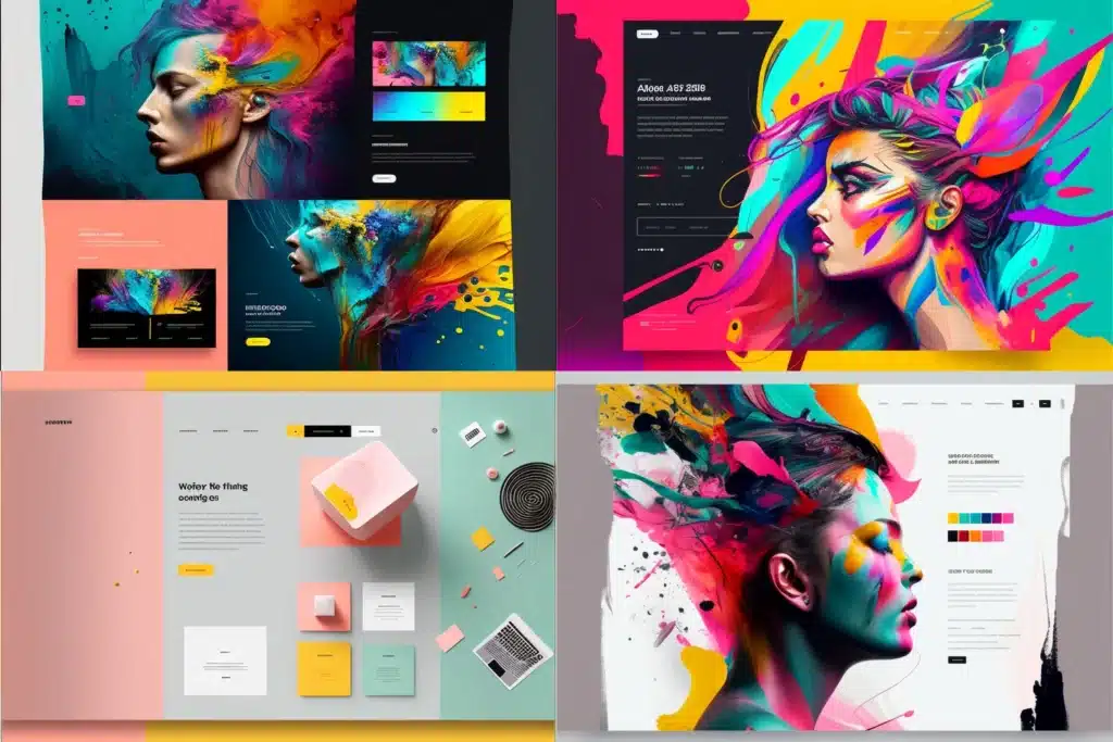 Vibrant digital art designs showcasing colorful portraits and creative web layouts.