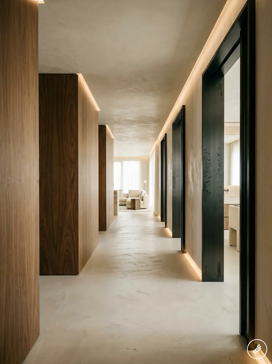 Minimalist modern hallway with wood paneling, recessed LED strip lighting and polished concrete floor to living room