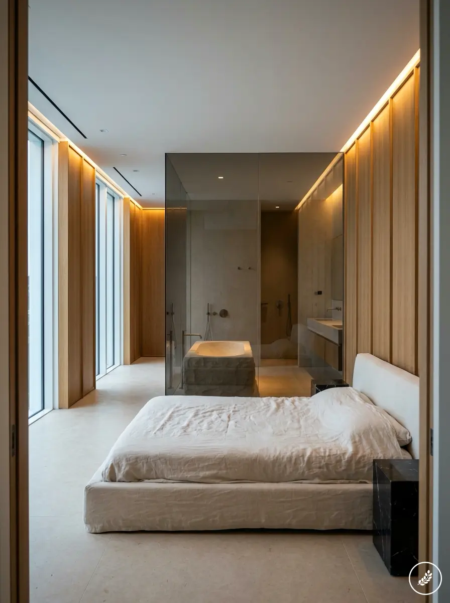 Modern minimalist bedroom design with low platform bed, wood-paneled walls and glass-enclosed bathroom with tub