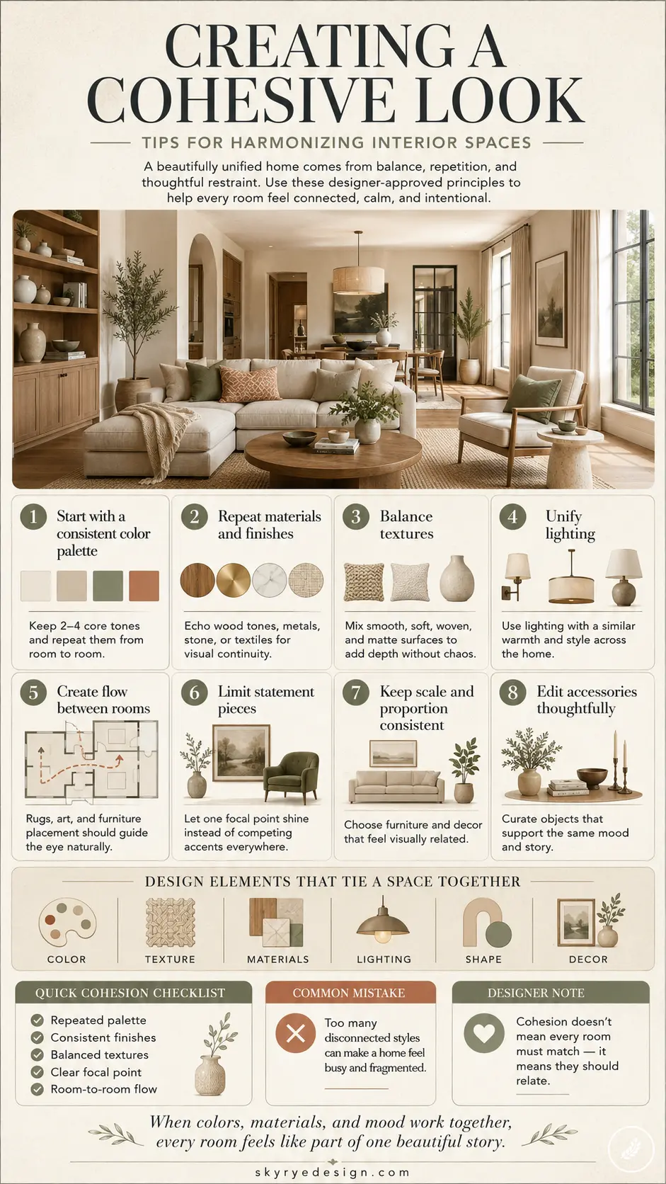 Infographic: Creating a Cohesive Look — 8 interior design tips for harmonizing color, materials, textures, lighting, flow.