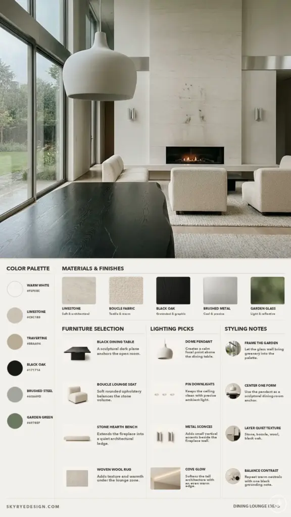 Modern dining lounge mood board: black dining table, dome pendant, boucle seating, limestone fireplace and materials palette.