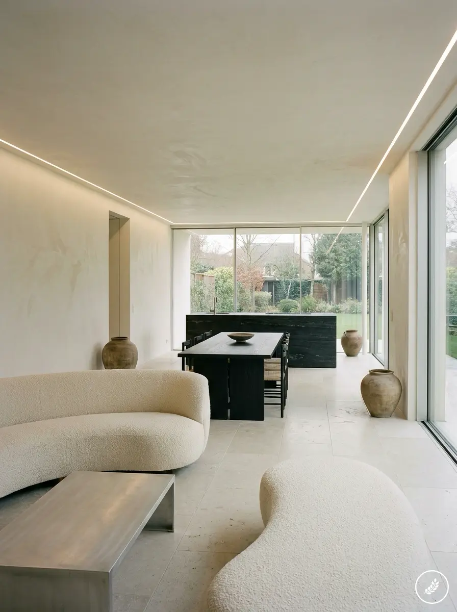 Minimalist open-plan living-dining room with curved cream sofas, black table, floor-to-ceiling windows and garden view