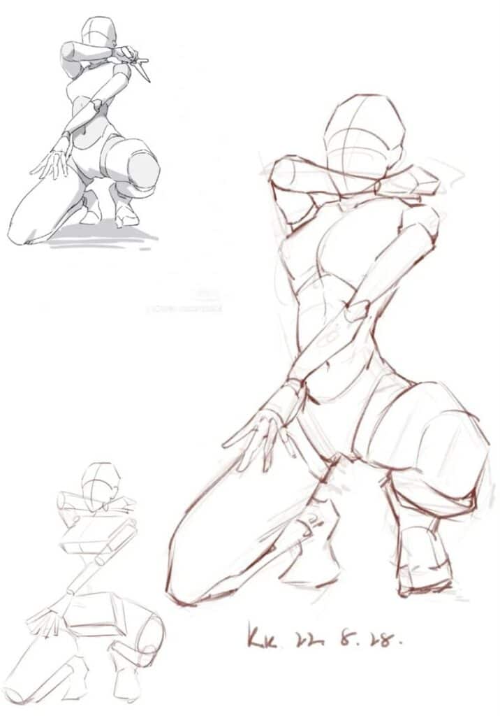 Dynamic character sketch poses in various kneeling and action stances for drawing reference.