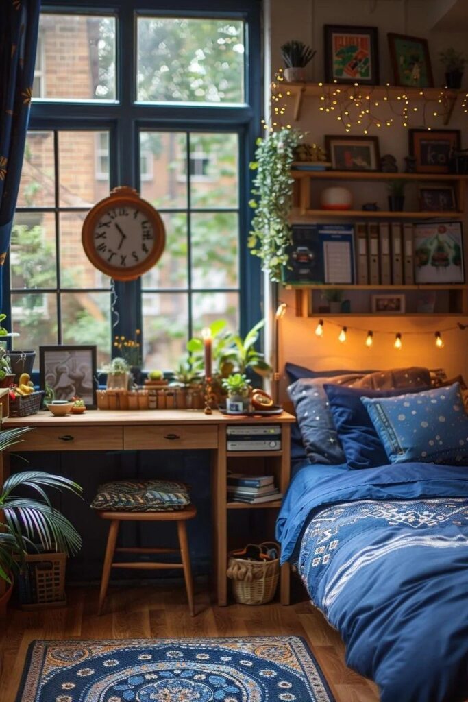 Cozy bedroom with a wooden desk, plants, and blue bedding near a large window with fairy lights and books.