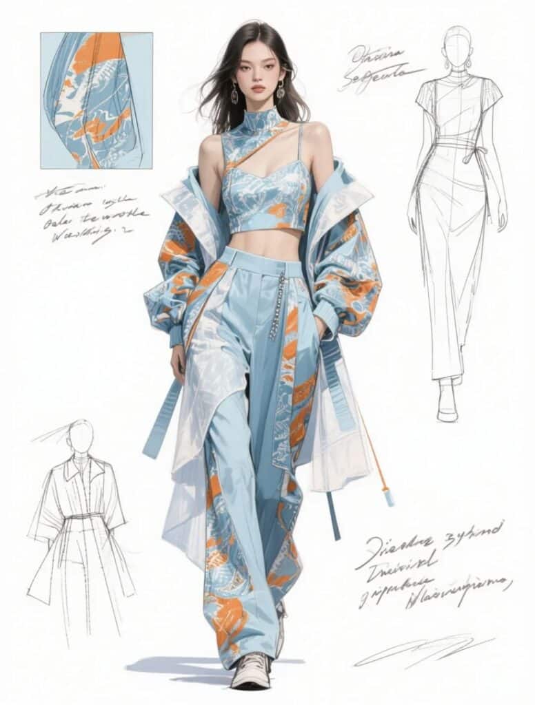 Fashion illustration: Stylish model in blue and orange outfit with sketches and designs showcased in the background.