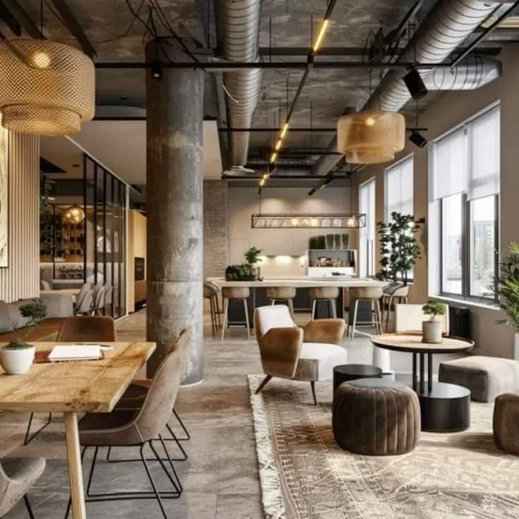 Modern industrial-style co-working space with stylish furniture and open layout.