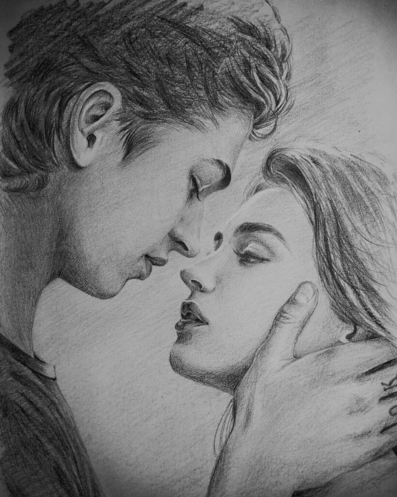 Pencil sketch of a couple in a gentle embrace, capturing a romantic and intimate moment with expressive details.