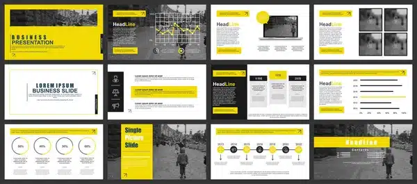 Modern business presentation template with yellow and black design, featuring infographics and timelines.