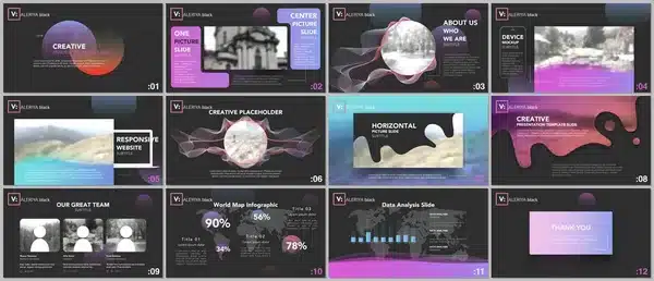 Presentation slides with creative design elements, images, infographics, and text placeholders for professional use.