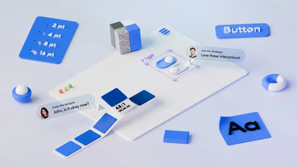 3D digital design elements with toggle switch, buttons, and chat bubbles in a creative layout.
