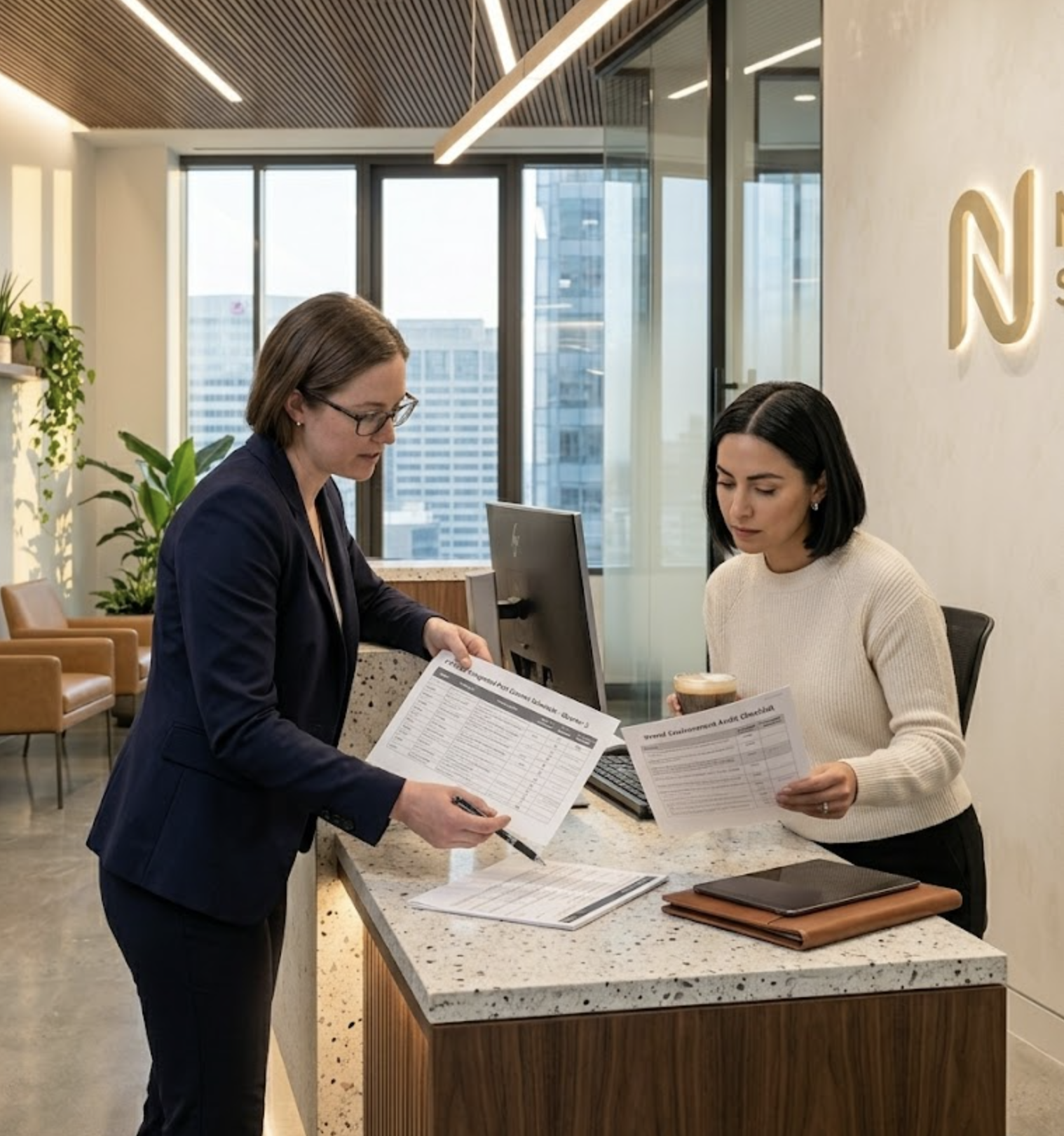 Screenshot 2026-03-14 at 092628 Two business professionals collaborate reviewing documents at a modern office reception desk with computer and coffee. | Sky Rye Design Two business professionals collaborate reviewing documents at a modern office reception desk with computer and coffee.