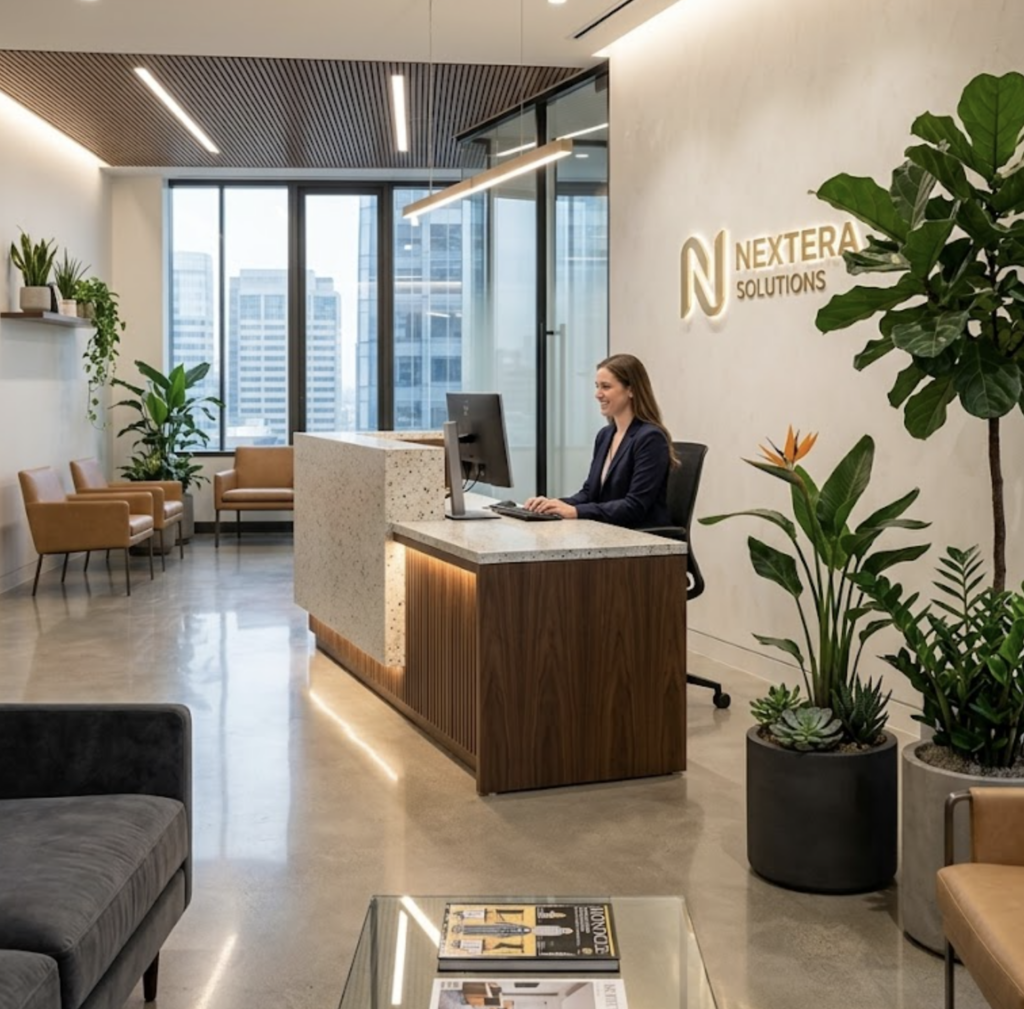 Screenshot 2026-03-14 at 092307 Modern corporate reception with receptionist at front desk, NEXTERA SOLUTIONS logo, plants and city skyline view | Sky Rye Design Modern corporate reception with receptionist at front desk, NEXTERA SOLUTIONS logo, plants and city skyline view