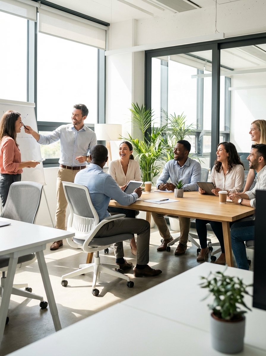 2379720a-54e8-4c0f-a686-67fda749c876 Diverse colleagues in a bright modern office laughing during a team meeting and whiteboard presentation | Sky Rye Design Diverse colleagues in a bright modern office laughing during a team meeting and whiteboard presentation