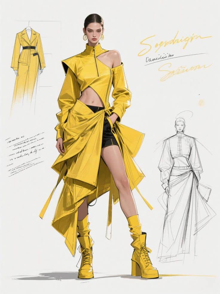 Fashion illustration of a woman in a stylish yellow asymmetrical outfit and boots, with design sketches.