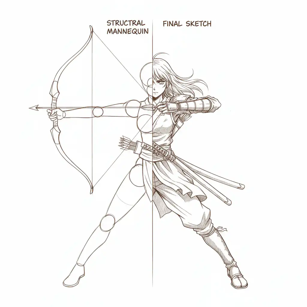 Split illustration showing a female archer: left side structural mannequin, right side final sketch, highlighting artistic