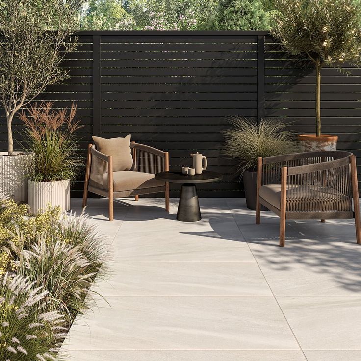 Outdoor patio with modern chairs, black table, and lush greenery against a wooden fence.
