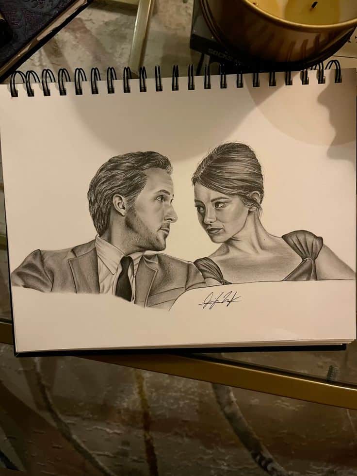 Pencil sketch of a man and woman in formal attire, gazing at each other, notebook on a table.
