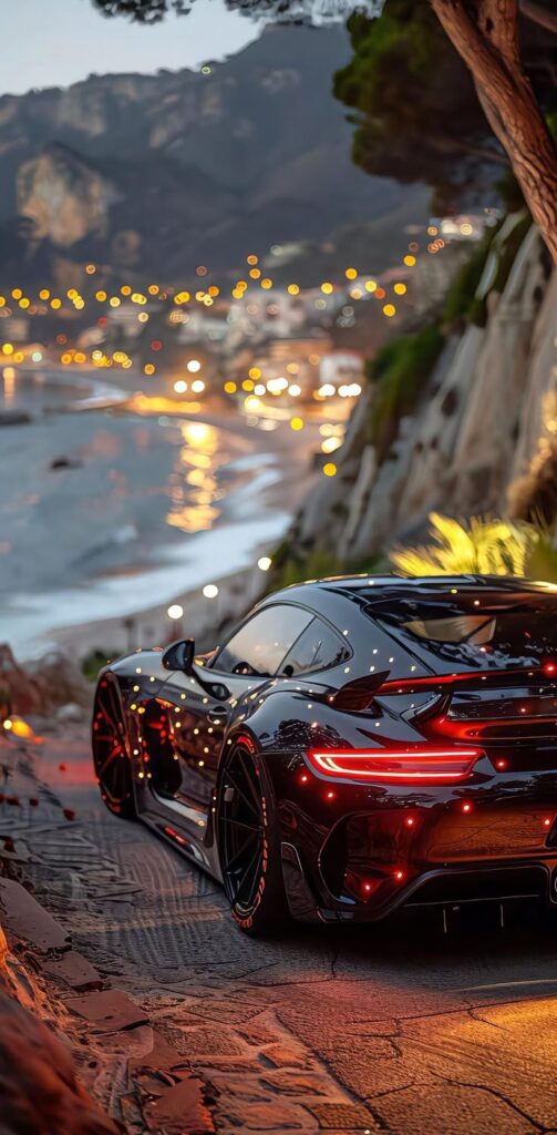 Sleek black sports car on scenic coastal road at sunset, with sparkling city lights in the background.