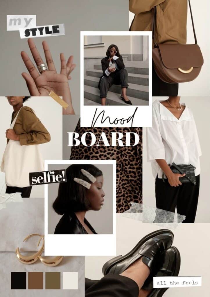 Fashion mood board collage featuring style elements: accessories, outfits, textures, and color palette.