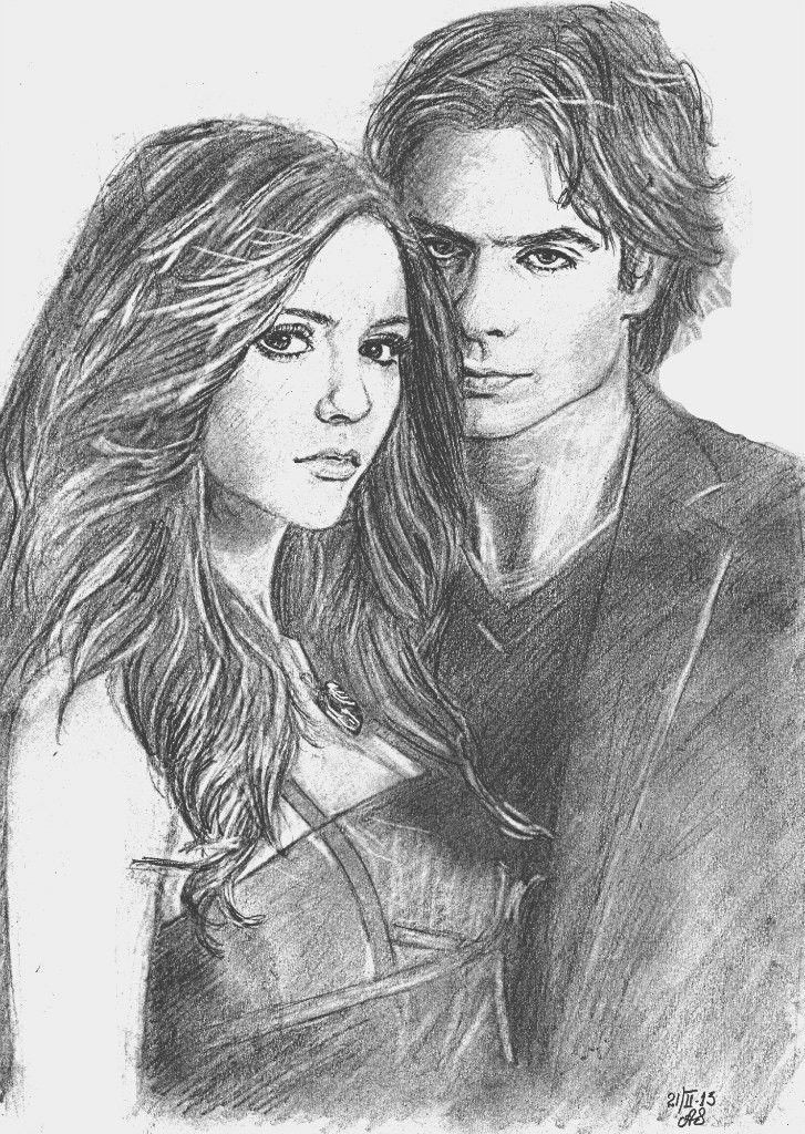 Pencil sketch of a couple, with long-haired woman and man in a suit, showcasing detailed artistic shading.