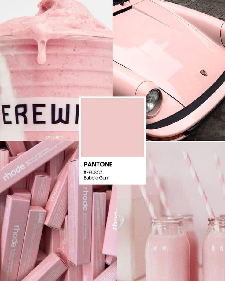 Collage of items in Pantone Bubble Gum pink: smoothie, car, product packaging, and drinks with pink straws.