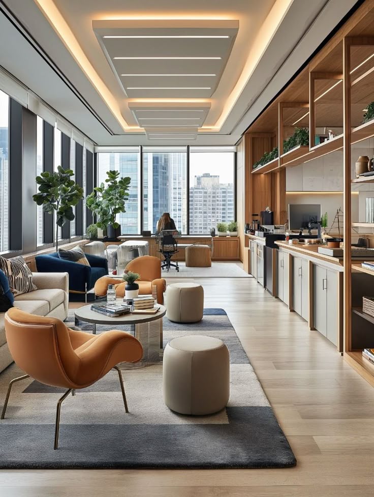 Modern office lounge with stylish furniture, large windows, and city view, creating a productive and inviting workspace.