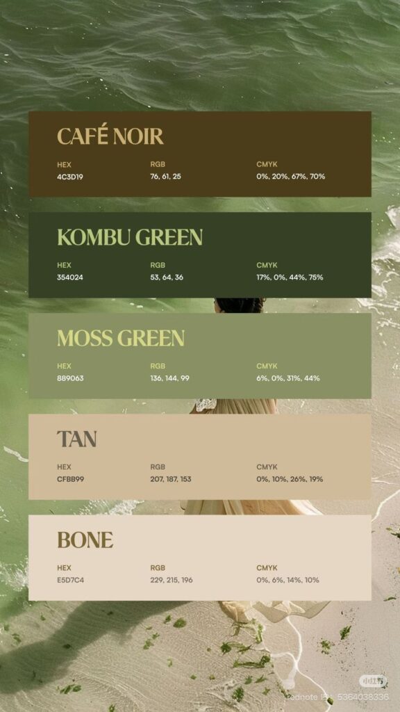 Color palette featuring Café Noir, Kombu Green, Moss Green, Tan, and Bone shades with HEX, RGB, and CMYK values.