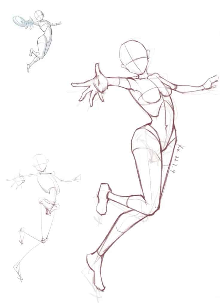 Dynamic character sketchings capturing fluid poses and motion in various stages of completion.