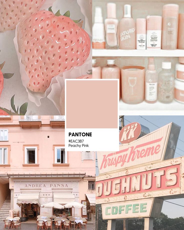Collage featuring peachy pink tones in strawberries, cosmetics, a Pantone swatch, a café, and a vintage doughnut sign.