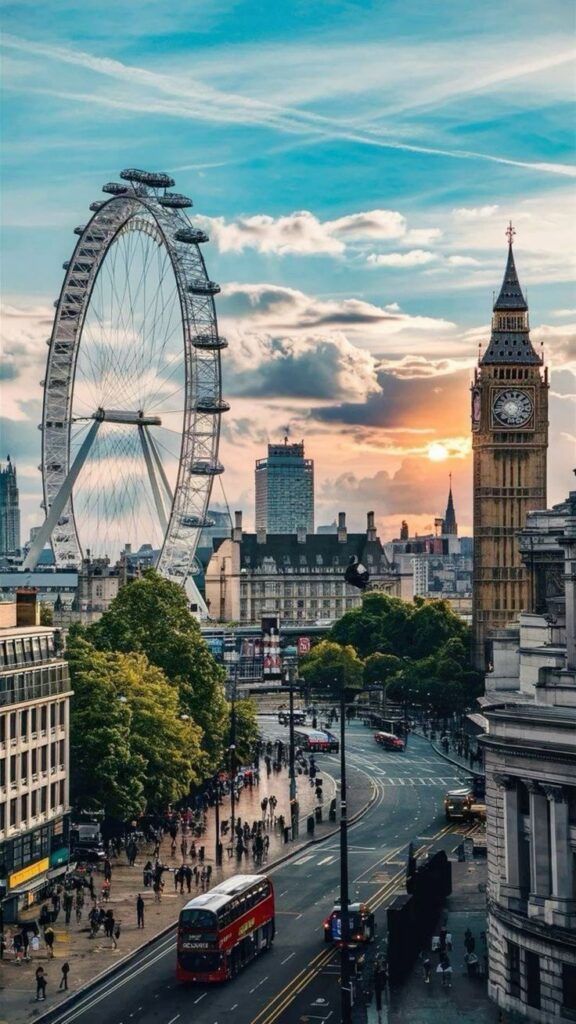 London skyline with the London Eye, Big Ben, and a double-decker bus at sunset, capturing urban life and iconic landmarks.