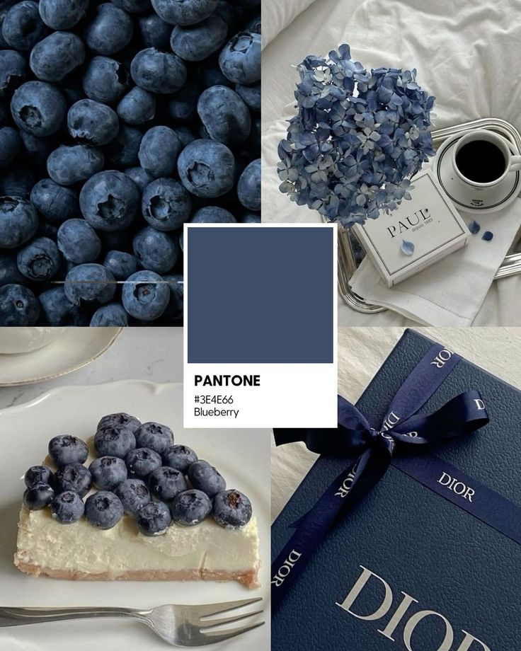 Collage of blueberries, berry-themed Pantone swatch, cheesecake, blue hydrangeas, and a Dior gift box.