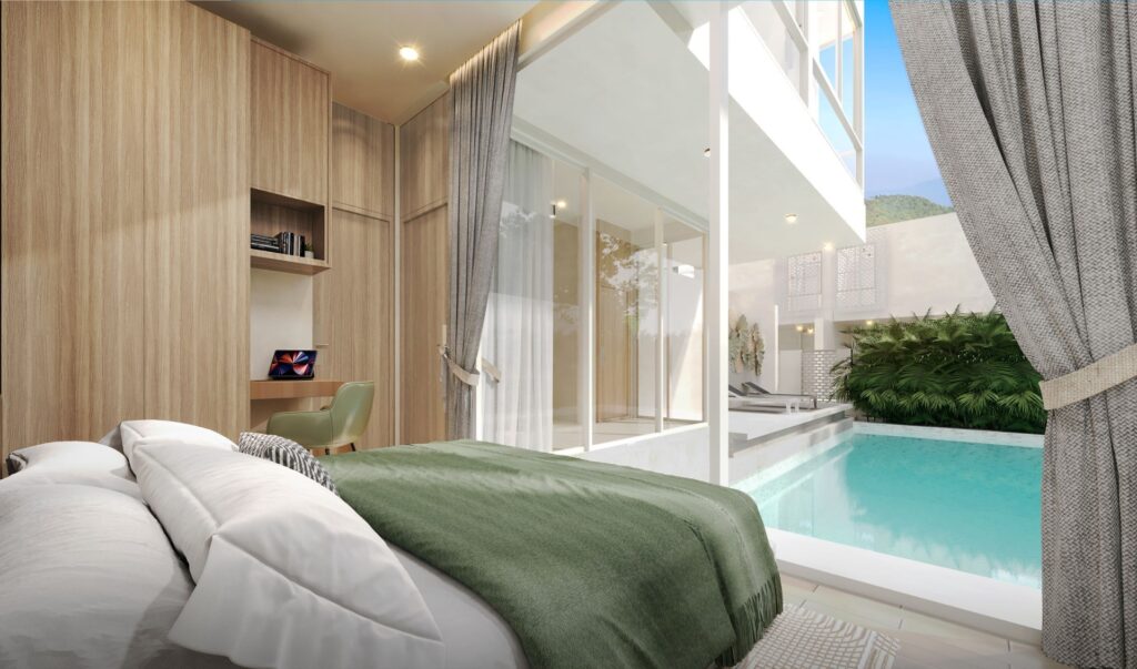 Modern bedroom with view of private pool and greenery through large windows, featuring minimalist wood and green accents.