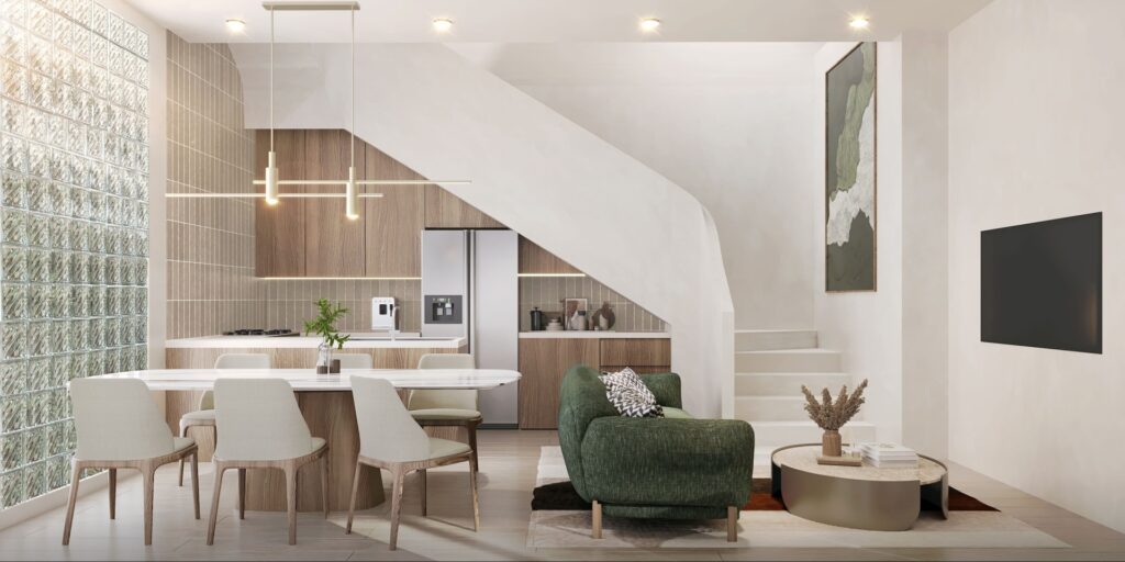 Modern minimalist living room with kitchen, featuring stylish furniture, staircase, and glass block wall.
